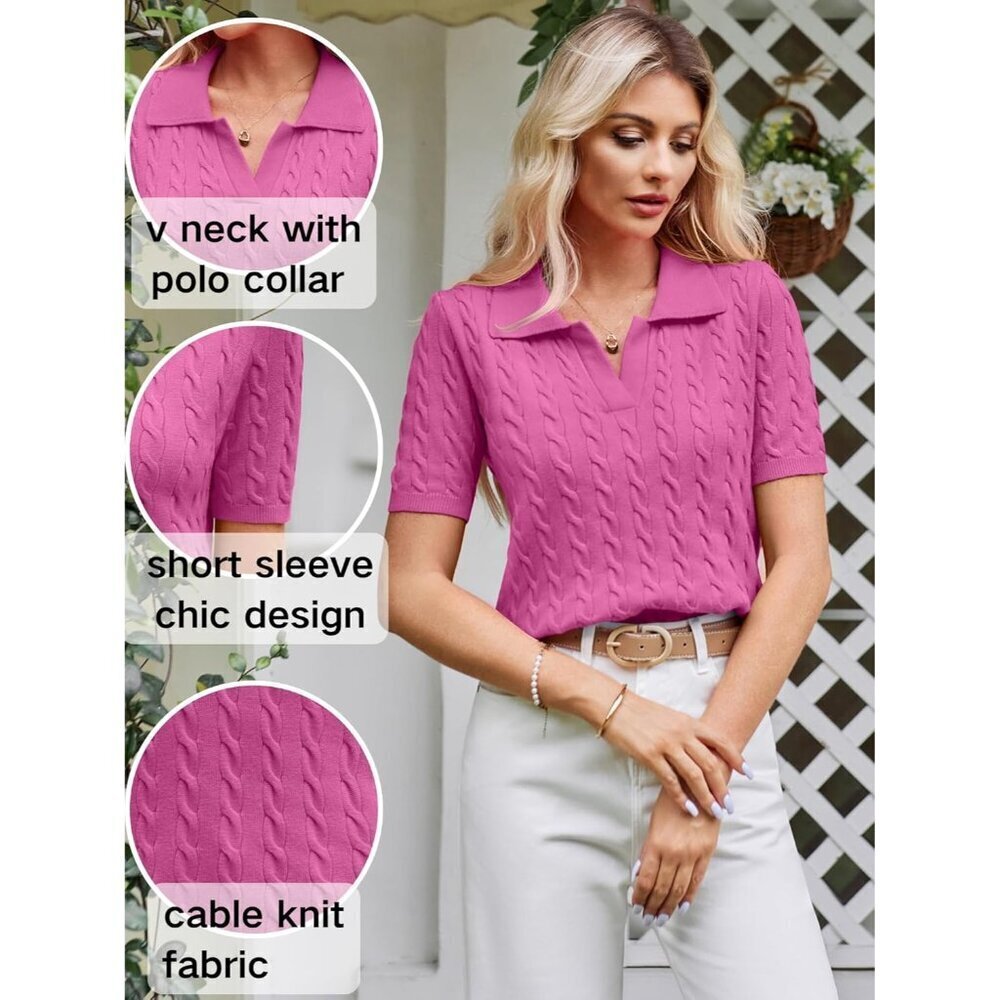 Womens Pink Short Sleeve Sweater Top Cable Knit Casual Summer V Neck Polo Shirts - Picture 4 of 6